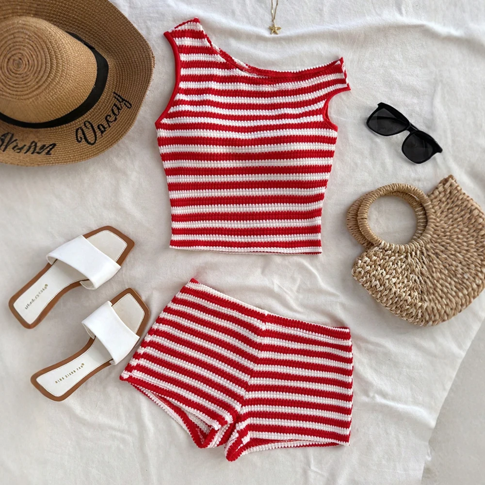 Mia Muse Sets Lente Zomer Eenvoudige Basics Strepen Mouwloos Ronde hals Cropped Natuurlijke taille Korte casual sets voor dames