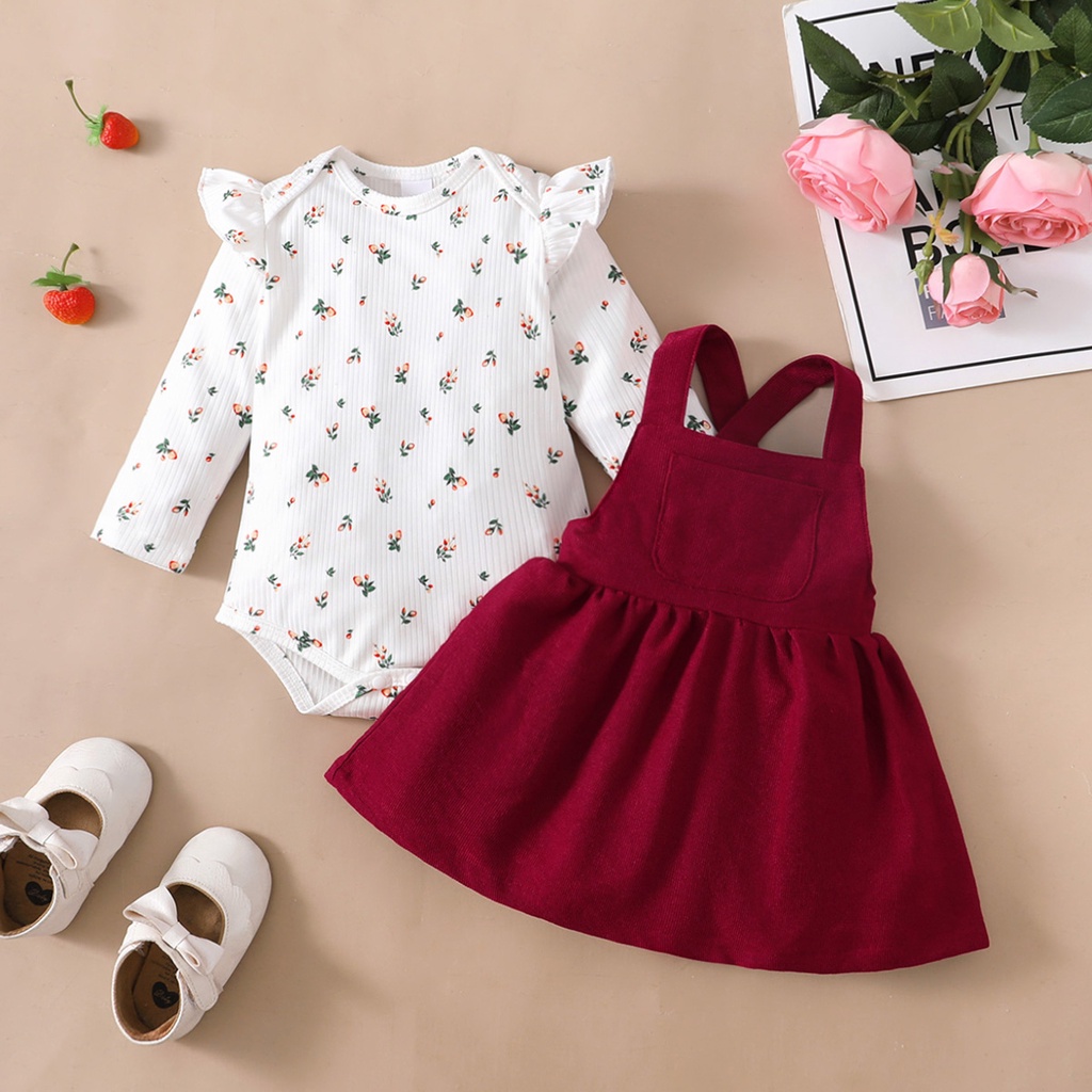 2PCS Neugeborenen Baby Geburtstag Prinzessin Kleid Set Lange Ärmel Romper + Roten Träger Rock für Kleinkind Mädchen 0-18 monate Neue Jahr Outfits