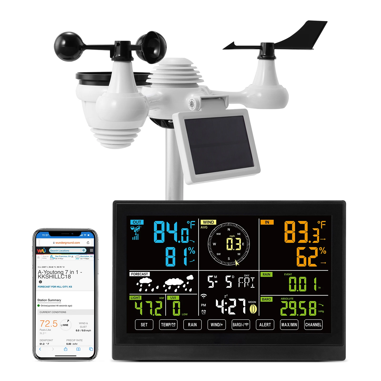 SucceBuy 7-in-1-WLAN-Wetterstation mit 7,5 Zoll Farbdisplay + solarbetriebener kabelloser Außensensor, Alarmwarnungen für Temperatur und Luftfeuchtigkeit