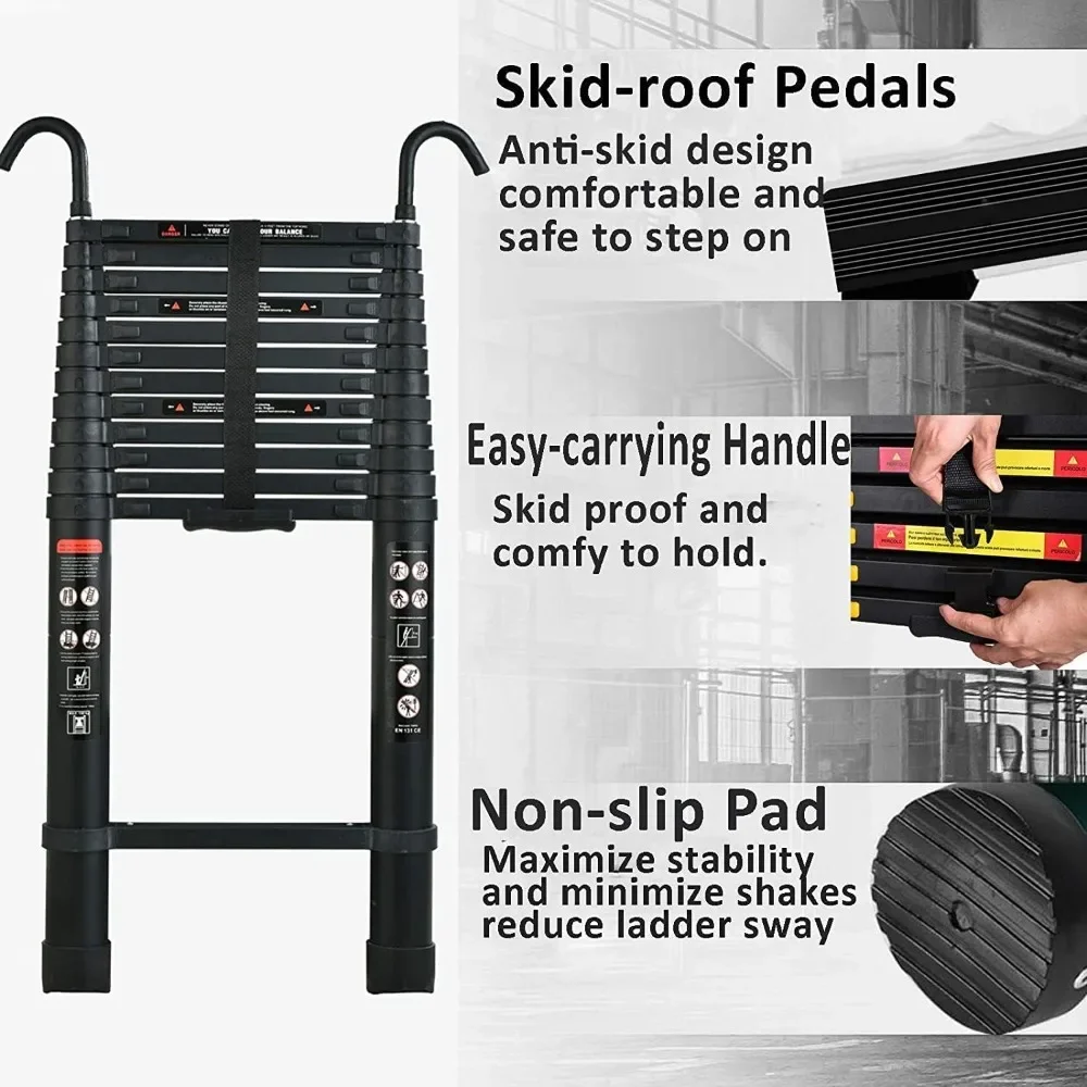 Telescoping Ladder Aluminum Telescopic Multi-Purpose Extension Ladder with 2 Detachable Hooks Lightweight Portable Collapsible