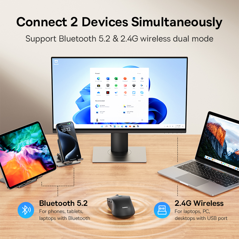 Baseus F02 souris sans fil Bluetooth 5.2 2.4G 4000DPI ergonomique 7 boutons muets souris pour iPad MacBook tablette ordinateur portable souris