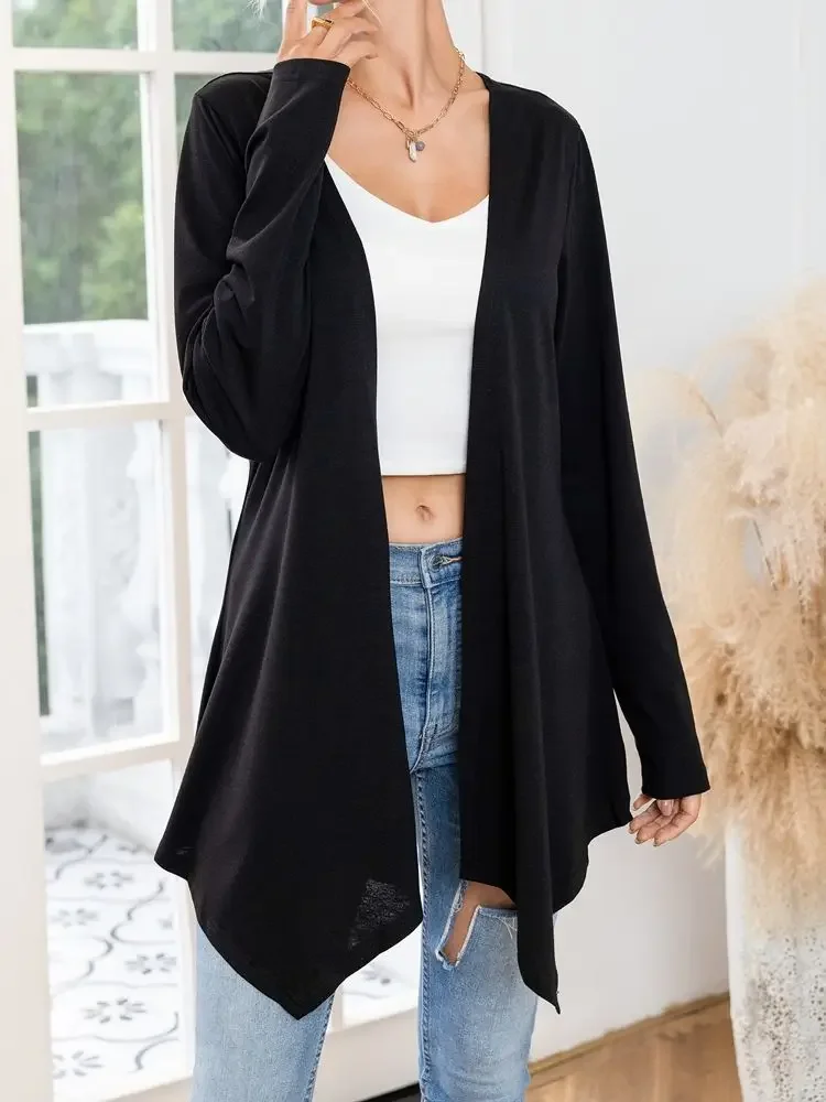Lente dames nieuwe modieuze temperament plus maat effen kleur vest met lange mouwen lange top