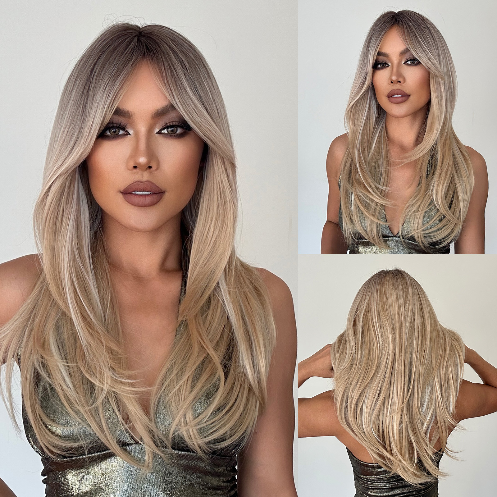 Pelucas largas y rectas en capas para mujer, resistente al calor cabello Natural, Rubio, platino, resaltado con flequillo, Cosplay, uso diario