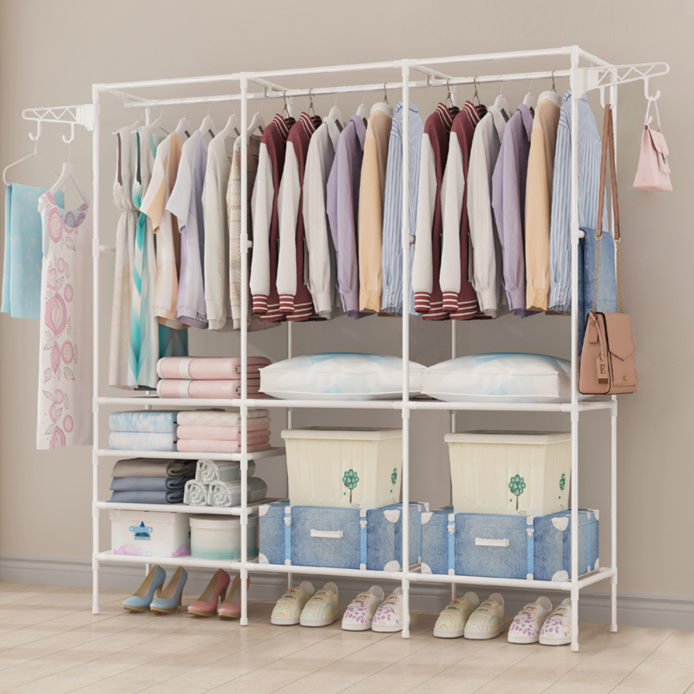 Double Row Clothes Rack Simple Assembly Home Storage Shelf Large Capacity Coat Wardrobe Hangers Bedroom Clothes and Shoes Stand