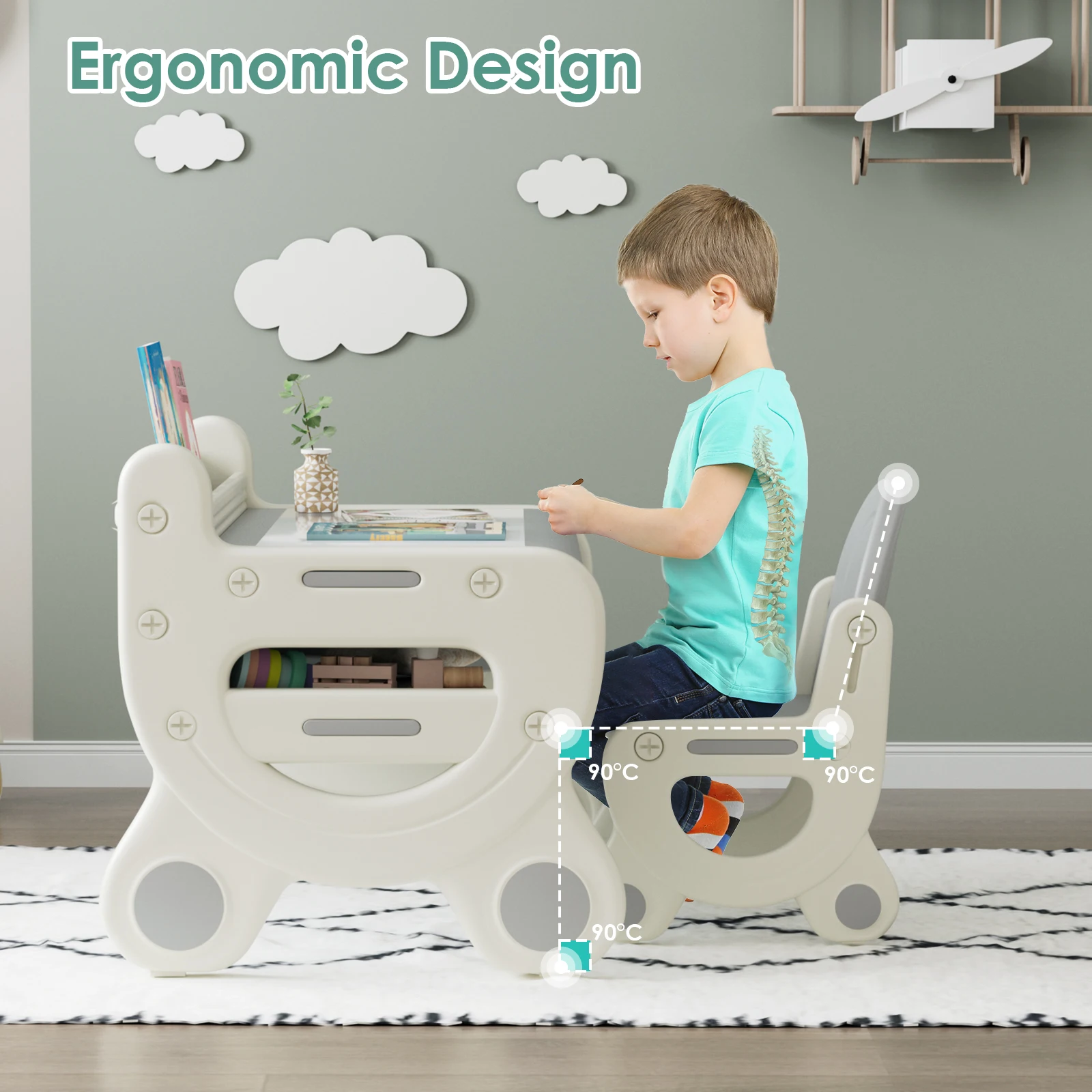 Kids Drawing Table and Chair Set with Pens & Blackboard Eraser Toddlers Art Activity Table Set, Gray & White
