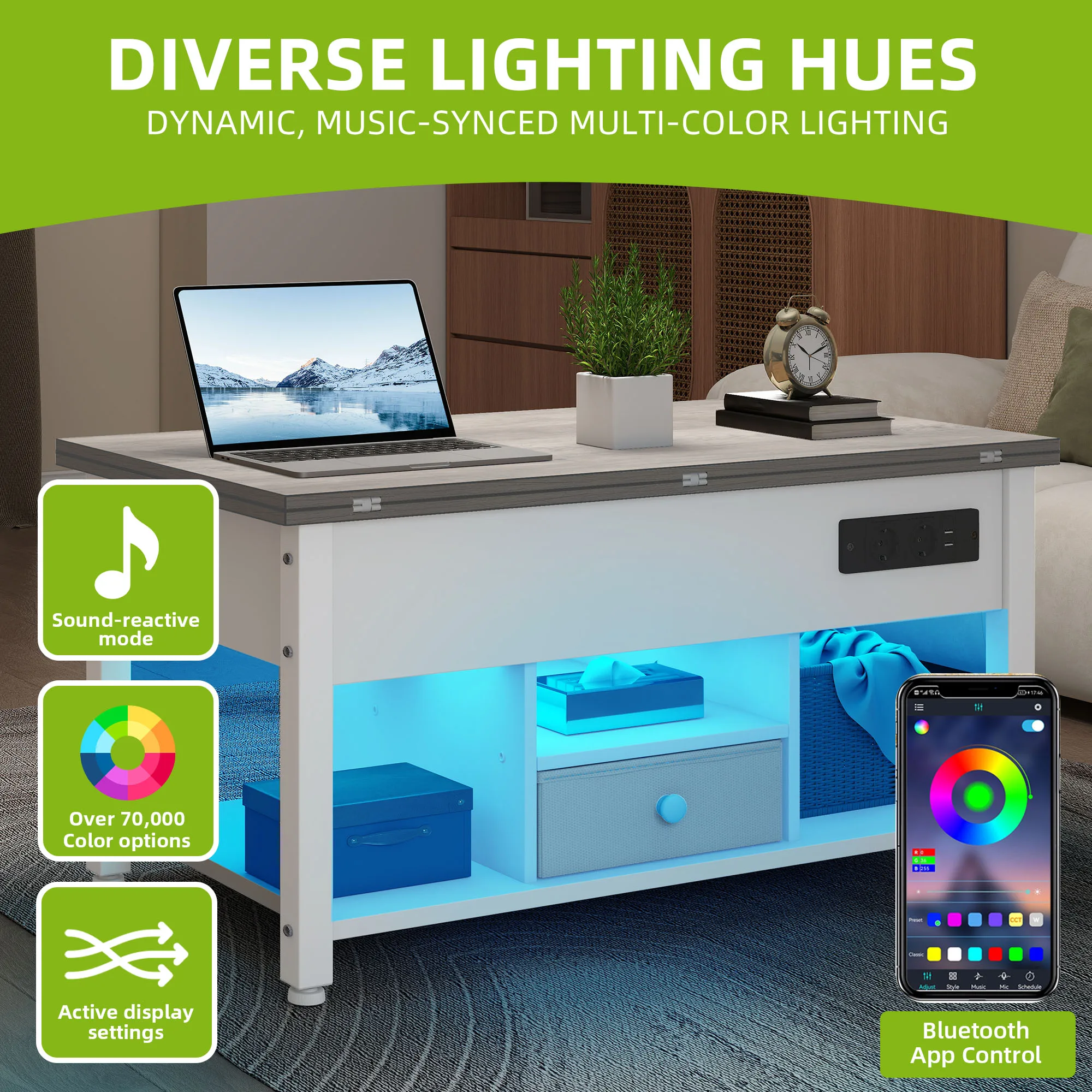 YITAHOME Table basse 4 en 1 blanche et grise – Hauteur réglable, convertit en table à manger avec rangement et éclairage LED