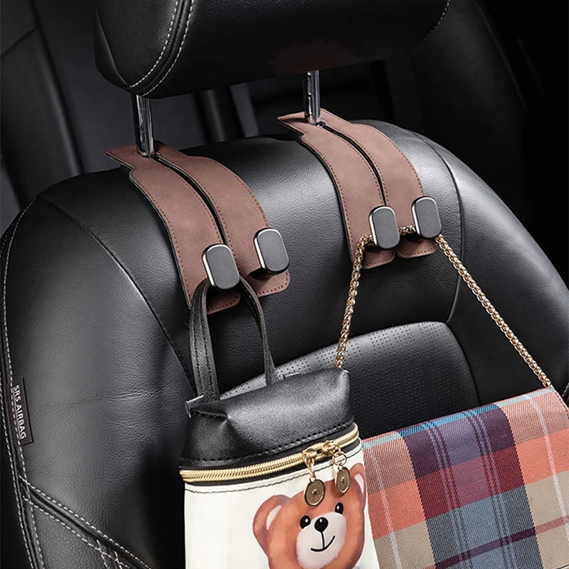 ユニバーサルメタルカーシートヘッドレストフック 2 in 1 ソフトレザーカーシートバックフック財布バッグバックパックダブルフック​​カーシートハンガー