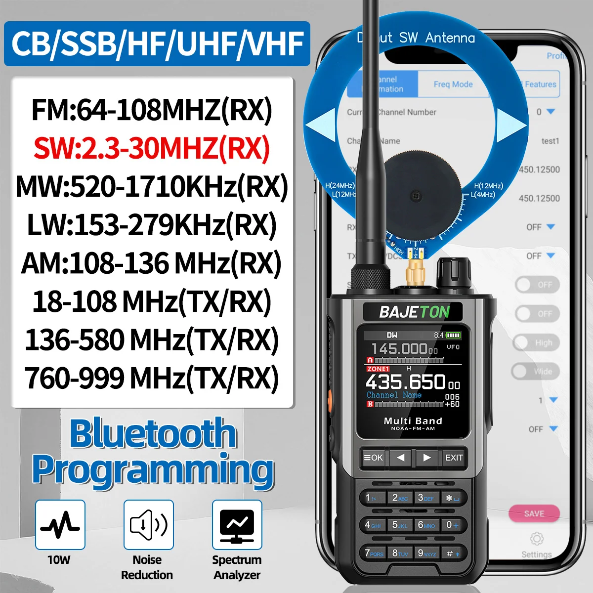 BAJETON BJ-8300 10W Radioaficionado de onda corta HF SSB CB Walkie Talkie AM USB LSB CW Bluetooth programación Radio bidireccional portátil