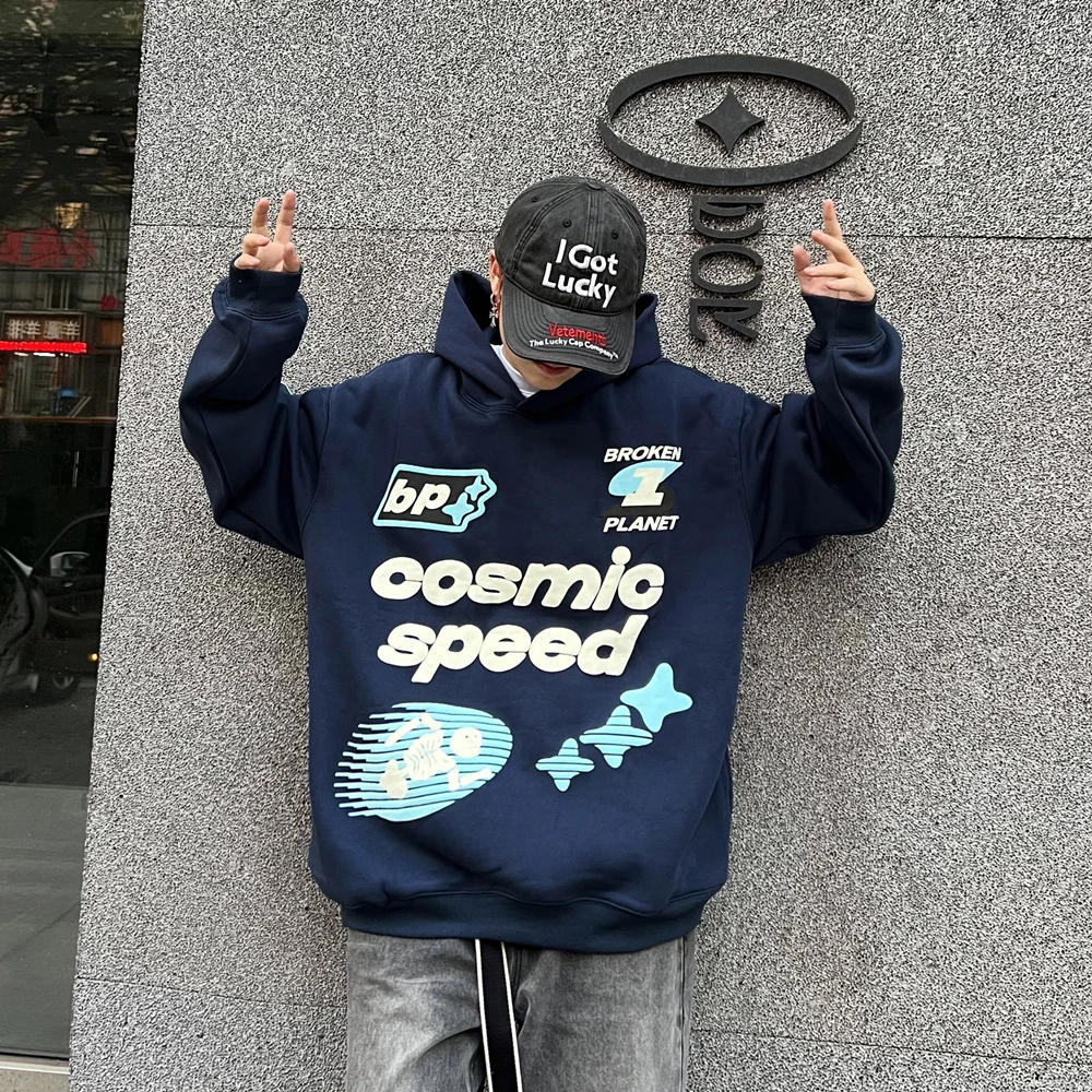 Yao Fashion Broken Luxury Brand Cartoon Foam Print Hooded Men Tops Streetwear Vintage Oversize Bluza z kapturem dla mężczyzn