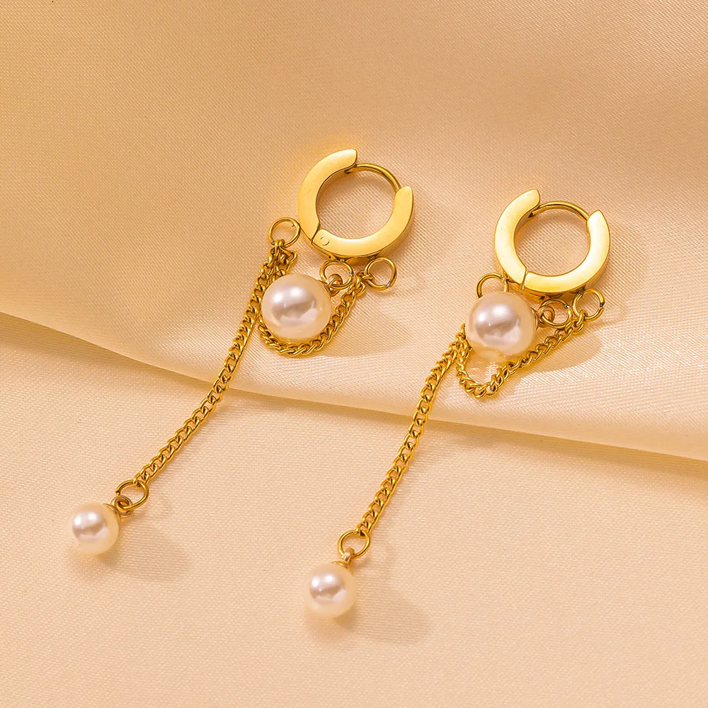 Anting-anting baja tahan karat mutiara imitasi untuk wanita gadis anting-anting Pesta rumbai panjang romantis berlapis emas perhiasan modis