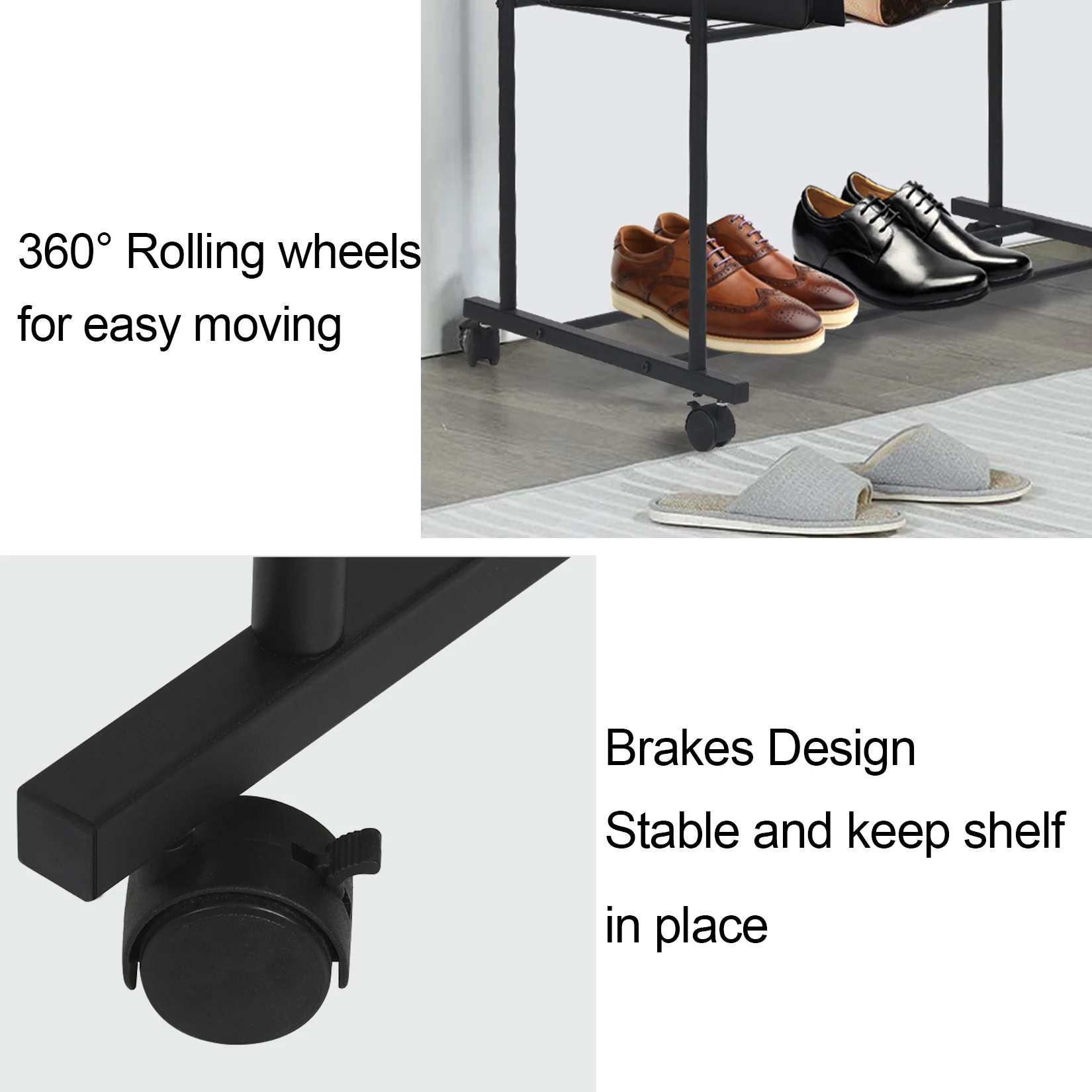 Rolling Clothes Rail Rack Garment Cloth Hanging Rack with 2 Tier Storage Shelves