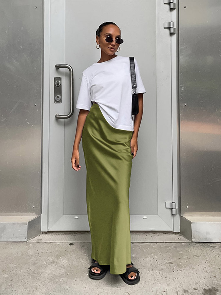 Elegante Satijn Zwarte Trompet Rokken Mode Slanke Hoge Taille Rokken Vrouwen Vrouwelijke Effen Kantoor Lange Rok Lente Zomer
