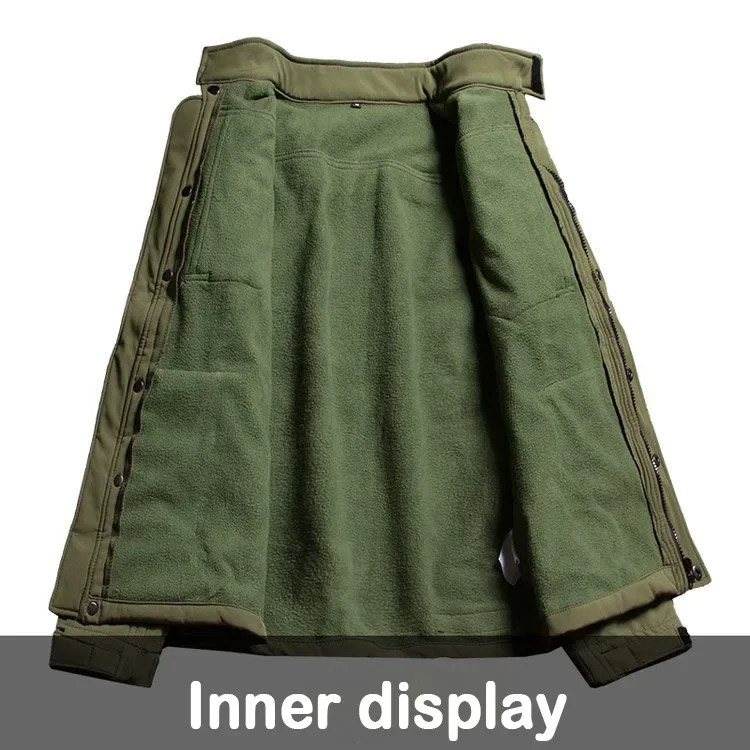 ทหาร Shark Skin Soft Shell ชุดผู้ชายฤดูหนาว Multi-pocket สวมใส่ขนแกะเสื้อแจ็คเก็ต + กางเกงกันน้ํา 2 ชิ้นชุด