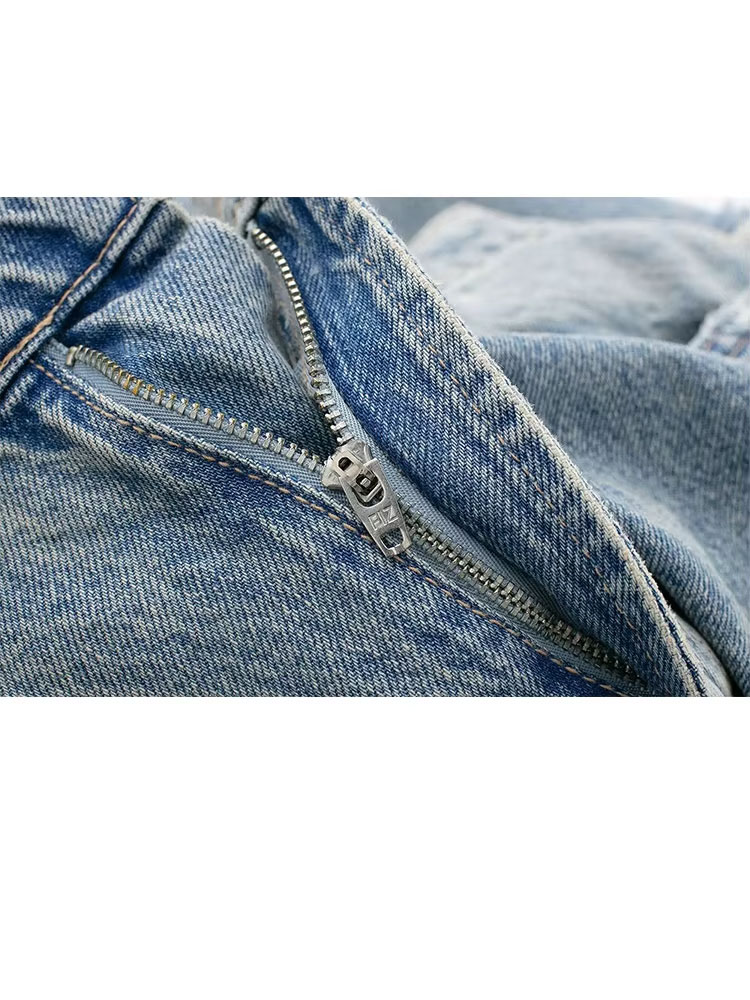 HH 2024 Vintage Denim Jeans Voor Vrouwen 2 Kleuren Hoge Taille Rits Ripped Verontruste Patchwork Causale Rechte Broek