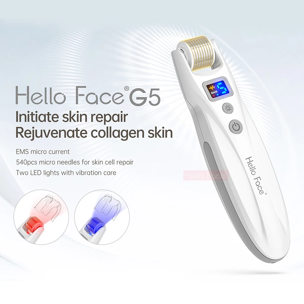 สวัสดีหน้าไมโครแบบไร้สายสำหรับใช้ในบ้านเข็มไทเทเนียม Derma 540เข็มชีวภาพ LED EMS ปรับเกียร์5ระดับพร้อมลูกกลิ้งขัดเท้า2ชิ้น