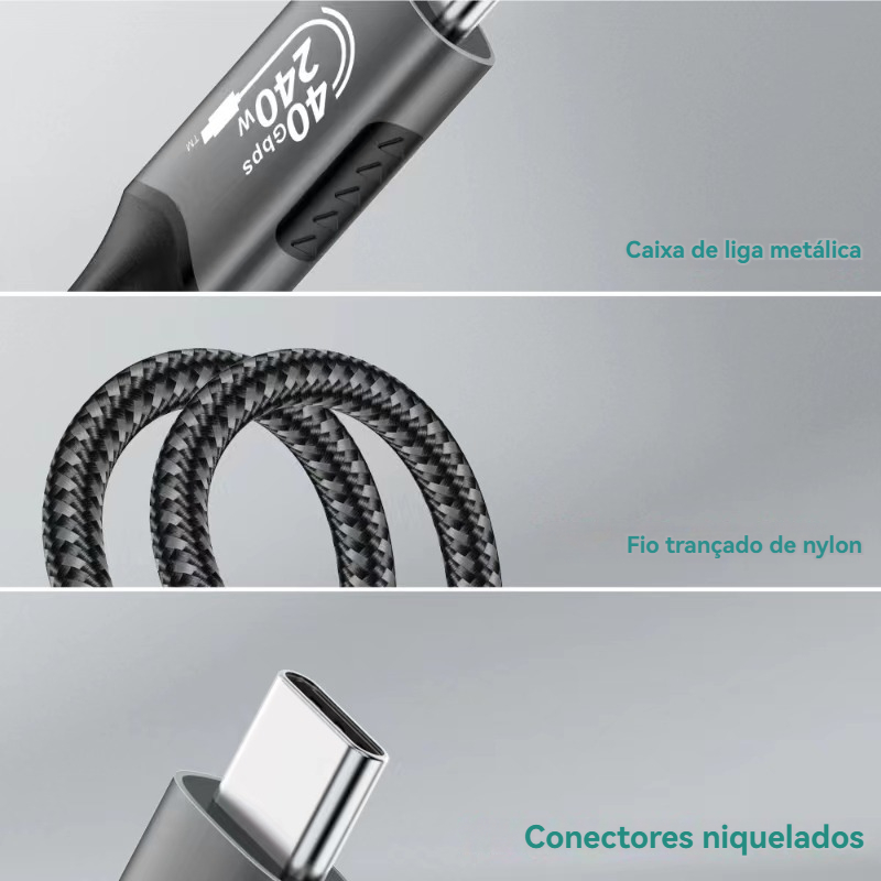 Cabo usb4 40gbps 48v 240w para thunderbolt 4 tipo c cabo de carregamento rápido thunderbolt3 usb c para c cabo de transferência de dados para laptop