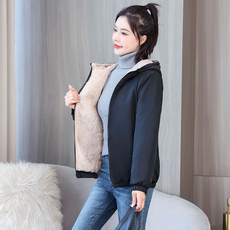 ผู้หญิงเสื้อขนแกะฤดูหนาว WARM Thicken Solid Windbreaker Hooded Cotton Plush Hooded แจ็คเก็ตสบายๆกลางแจ้ง Windproof JACKET