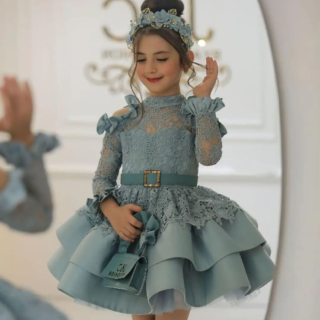 Robes de demoiselle d'honneur de princesse pour mariage, robe de première communion pour enfants, dentelle, manches 3/4, longueur au genou en satin, fête d'anniversaire