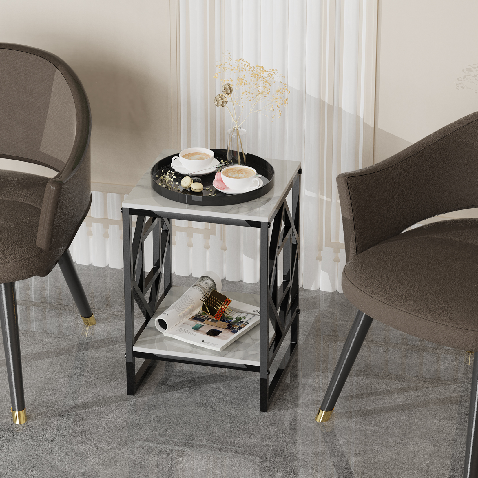 Tavolino con piano in marmo bianco, tavolino da divano, comodino, comodino, struttura rivestita in nero