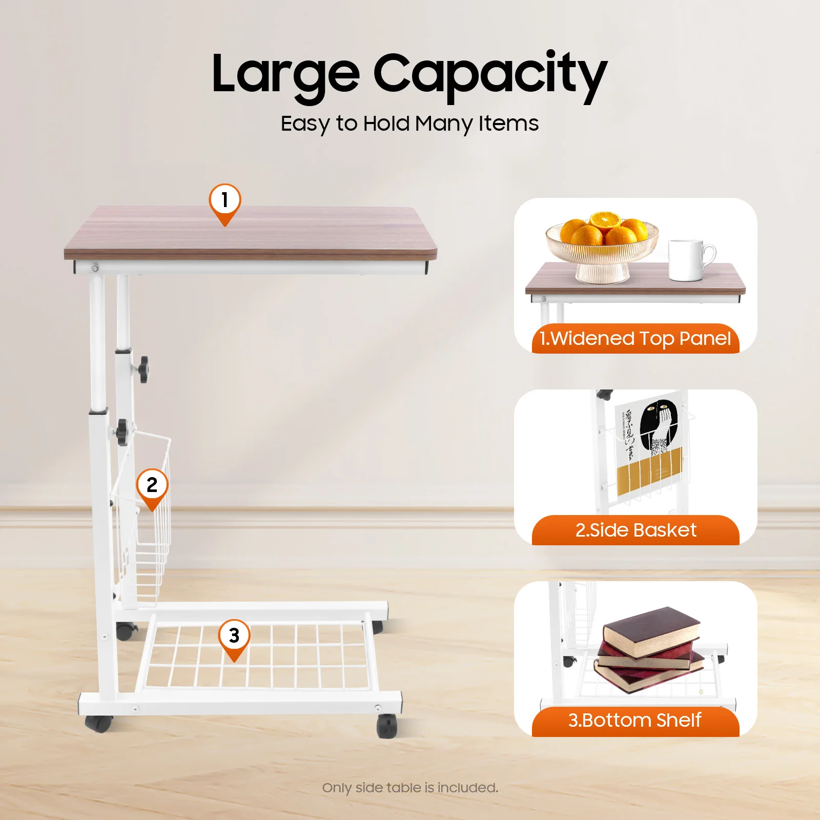 Versatile Adjustable Side Table: Height-Adjustable, Rolling Wheels, and Storage Basket for Home, Office, or Small Spaces