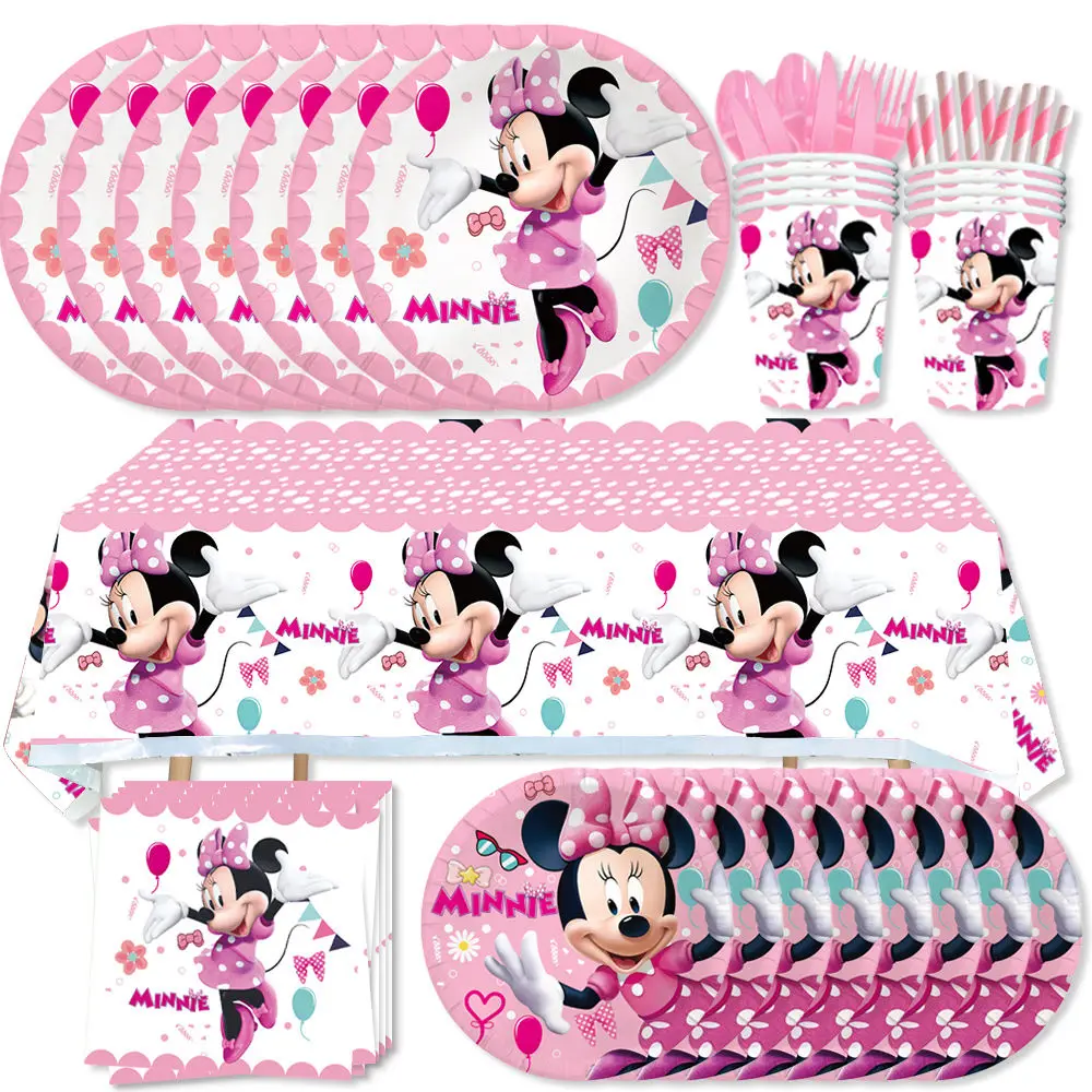 Decoración de fiesta de cumpleaños de Minnie Mouse, vajilla desechable para niñas, vasos con globos, platos, mantel, globo, suministro para fiesta de Baby Shower