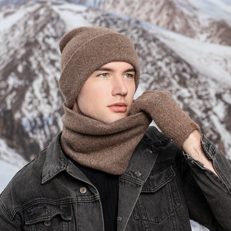 Conjunto de guantes y gorros con forro de terciopelo de felpa gruesa para hombre y mujer, bufandas de redecilla, guantes de pantalla táctil, Invierno