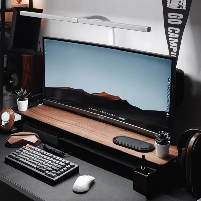 ไม้วอลนัทคอมพิวเตอร์ Riser พร้อมลิ้นชัก Desktop Storage Rack Double-Layer ขาตั้ง Modern Office Space Saving Organizer
