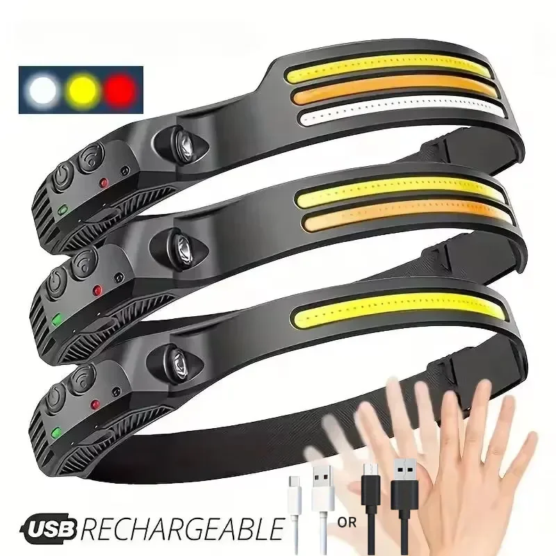 Linterna frontal COB multifuncional de inducción, linterna frontal con barra LED de 6000K, luz de trabajo, 5 modos, recargable para escalar, correr y ciclismo