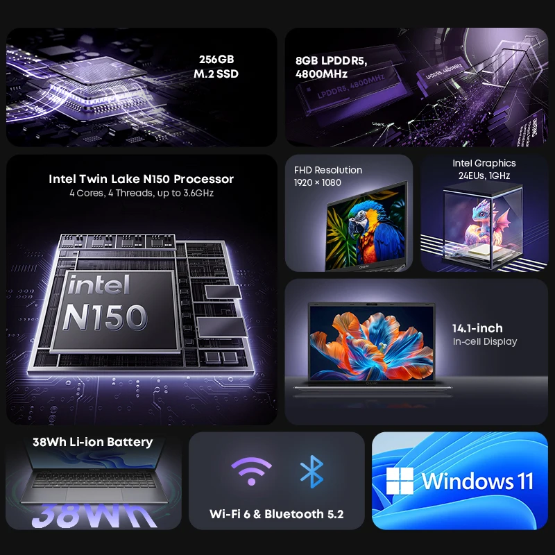 CHUWI GemiBook XPro 14,1 inch laptop Intel 12e N150 16GB DDR5 512GB SSD Windows 11 1920*1080 16:9 scherm WiFi 6 BT5.2 38Wh