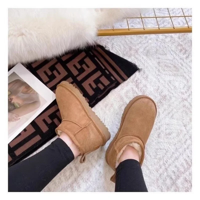 2025 novas botas de neve de camurça feminina – botas de tornozelo de plataforma grossa com forro de lã, sapatos quentes de inverno antiderrapantes
