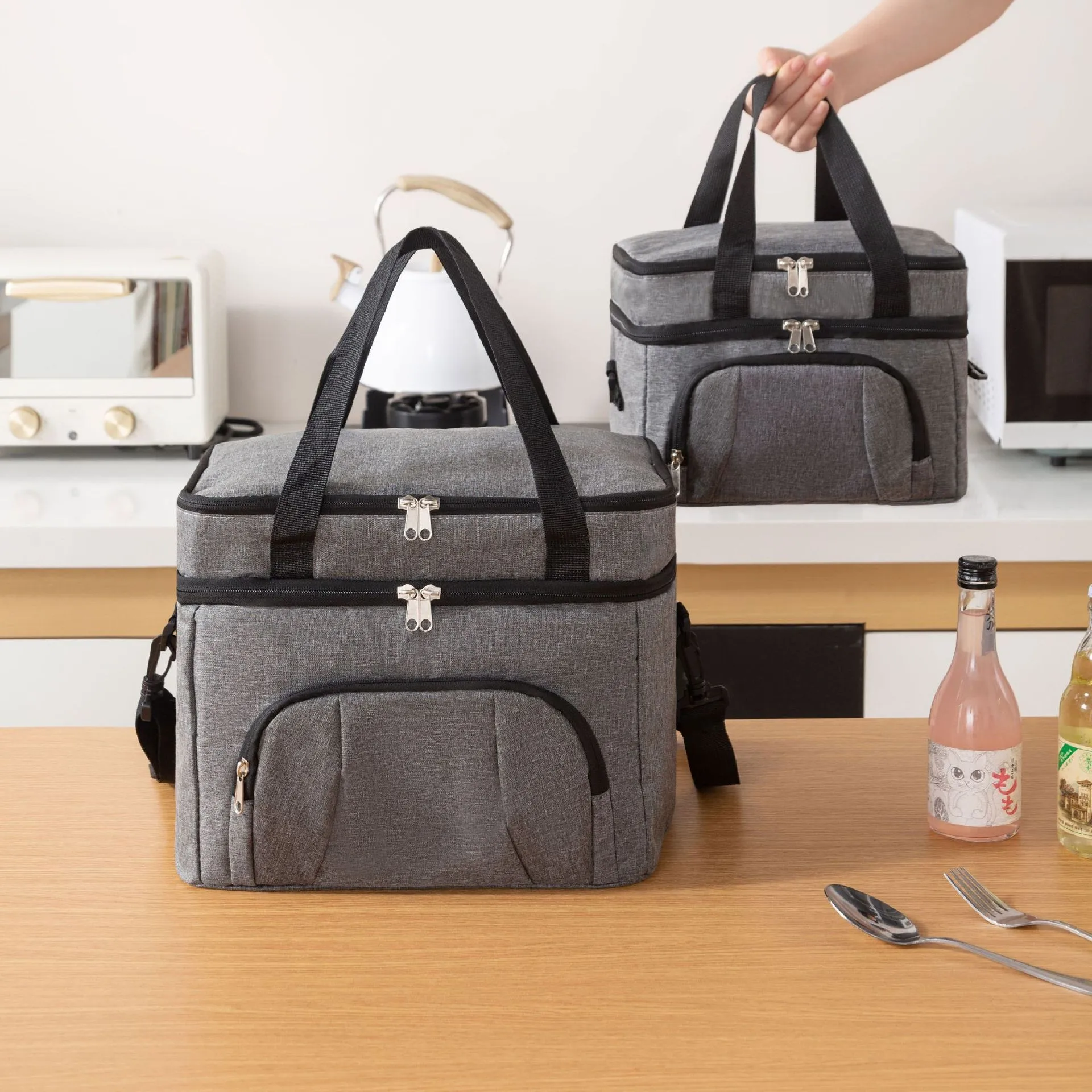 Double Insulated Lunch Bag Layer Portable Thermal Lunch Box Waterproof Picnic Heat Insulating Bag with Adjustable Strap