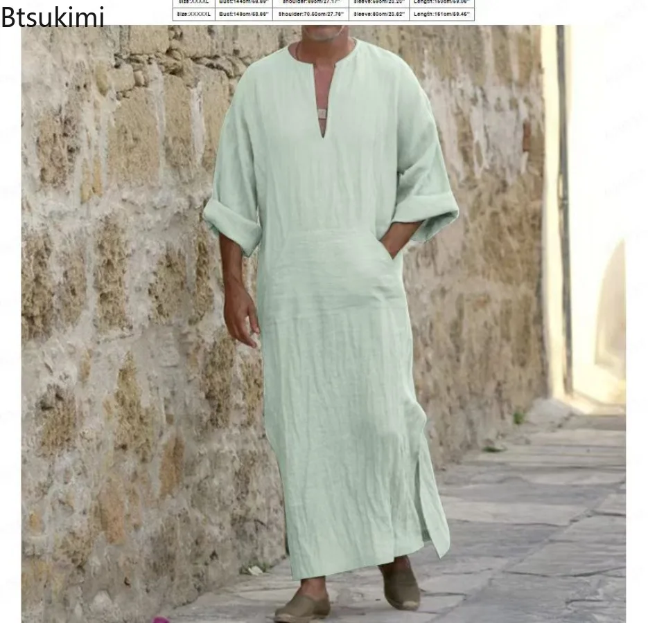 2025new masculino longo linho jubba thobe kaftan muçulmano árabe islâmico com decote em v manga longa sólido algodão linho robe muçulmano arábia homem abaya