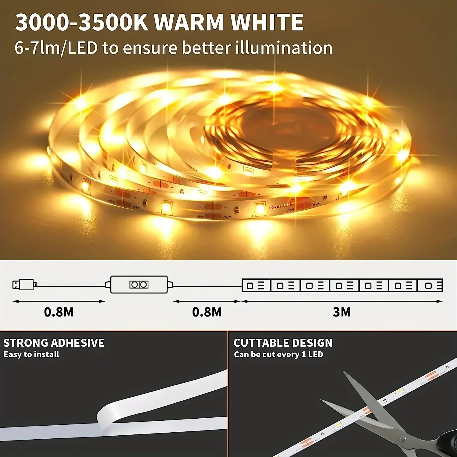 Światło LED pod szafkę 5V, inteligentny ściemniacz USB, sterowanie gestami, do szafek, garderoby, kuchni, szafy, blatu, sypialni