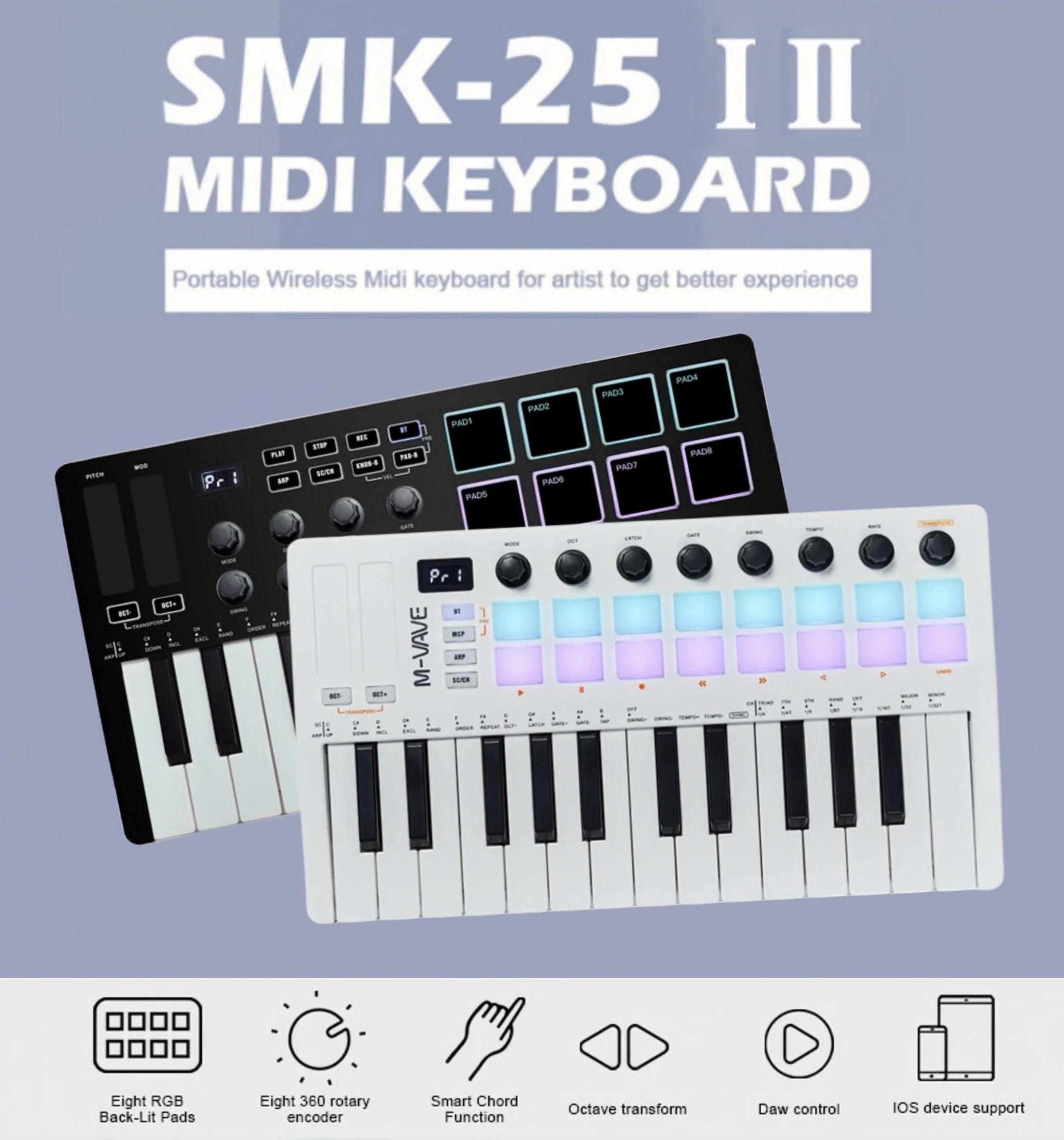 M-VAVE SMK-25 II MIDI Pad Controller Keyboard USB Mini 25 Key,16 RGB Drum Pads,8 Knobs and Music Production,Software Included