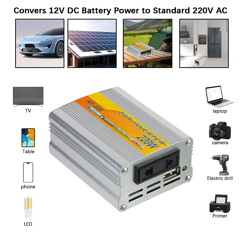 220W  Car Mounted Power Inverter USB Voltage Transformer Portable DC 12V To AC 220V Conversion USB Battery Clip