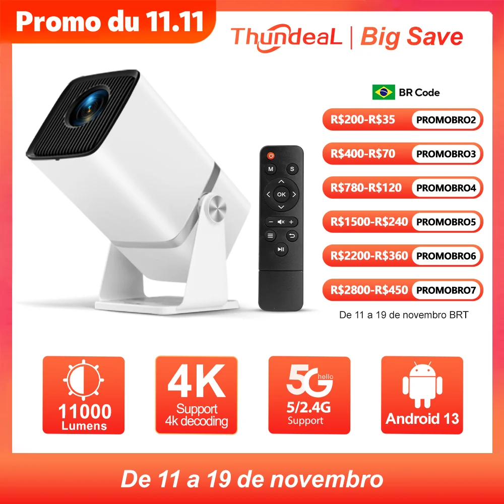 ThundeaL 4K Projetor Full HD FHD TD80W Android WiFi 3D Home Theater TD80 Projetor de feixe portátil Reunião de vídeo Filme PK HY320 HY320W HY300 HY300W Projetor