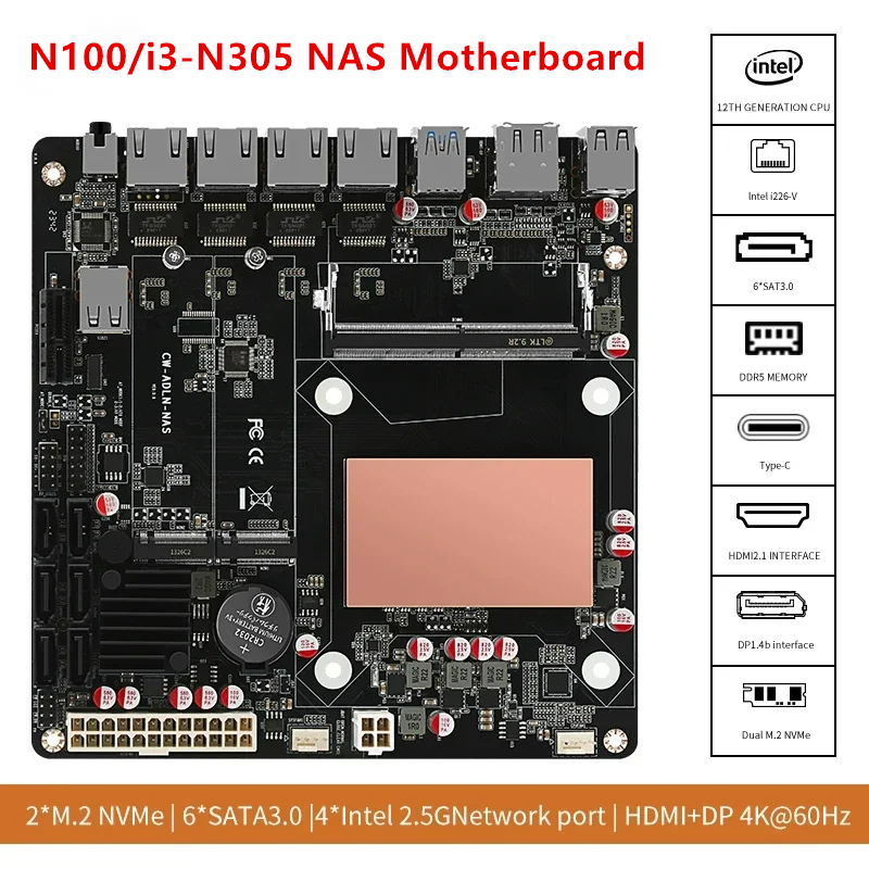 6-Bay N100 N150 i3-N305 N355 NAS Motherboard Intel 4x i226-V 2.5G LANs 2*NVMe 6*SATA3.0 DDR5 Mini ITX Mainboard PCIex1 Type-C