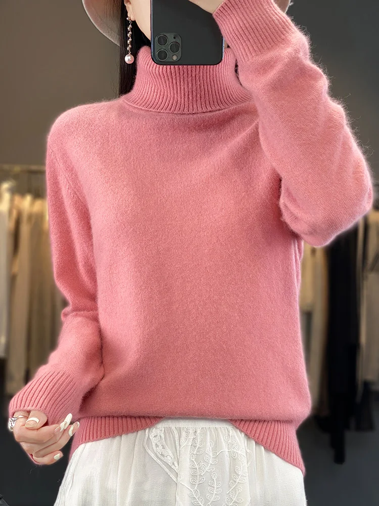 100% Mink Cashmereเสื้อกันหนาวผู้หญิงBasic BottomingหญิงPulloverแขนยาวใหม่เสื้อถักเสื้อเปิดลงปกฤดูใบไม้ร่วงฤดูหนาว