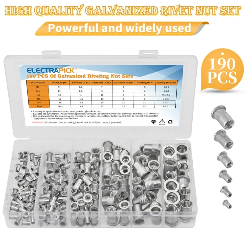 190/93 Uds. Juego de tuercas ciegas de aluminio, tuercas de inserción roscada, tapa de tuerca, tuercas de remache de cabeza plana de acero al carbono M3 M4 M5 M6 M8 M10