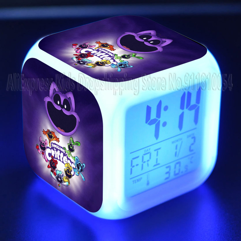 Smiling Critter Alarm Clock Catnap Cartoon 7 Led Night Light Desk Clocks Date Temperature Despertador Kids Birthday Gifts