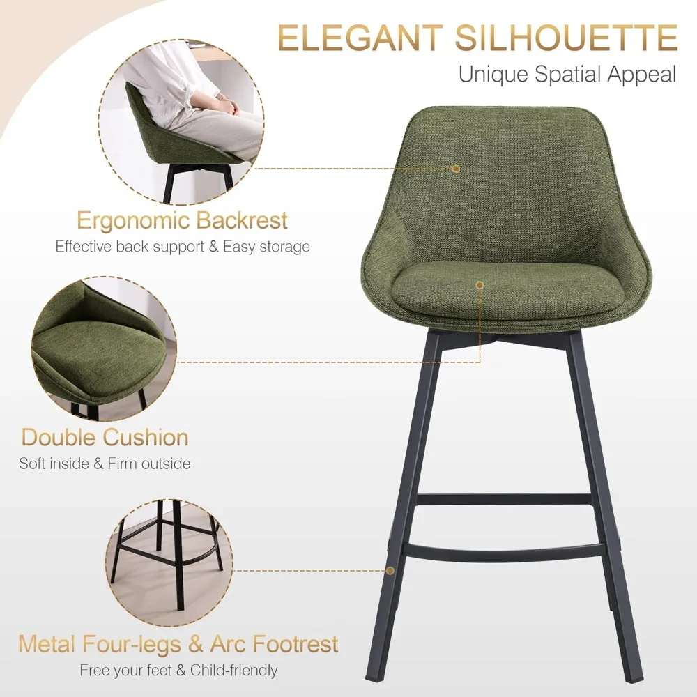 Swivel Bar Stools Set of 2 Modern Counter Height Barstools with Backs Linen Fabric High Chairs for Island Kitchen