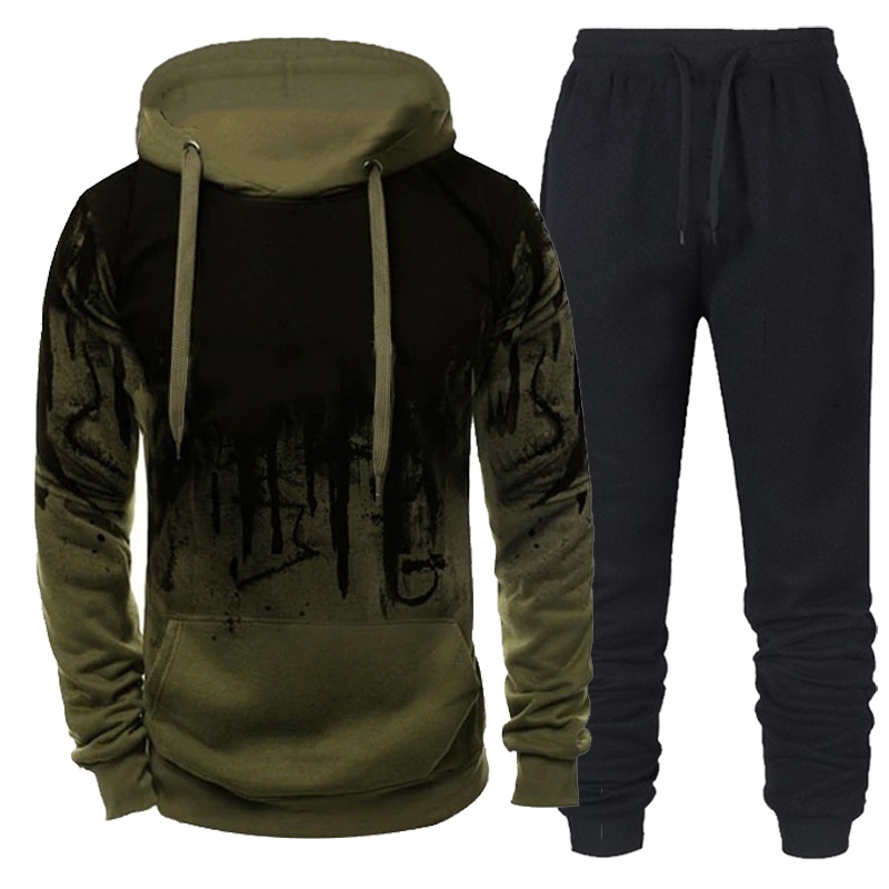 Moletom e calças de treino com capuz camuflado masculino, conjunto de 2 peças, roupas de corrida 3D, outono, inverno
