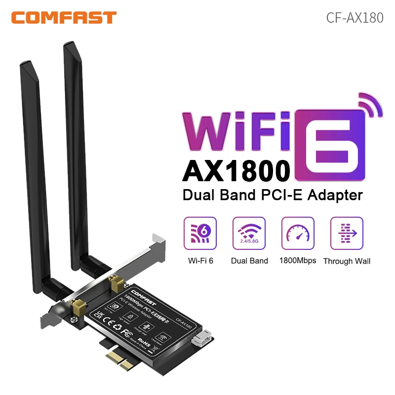 COMFAST AX180 1800 Мбит/с Wi-Fi 6 Беспроводной адаптер PCI-E 2,4G и 5,8 ГГц Bluetooth 5,2 Сетевая карта 2*5 дБи Антенны для настольных ПК Win10/11