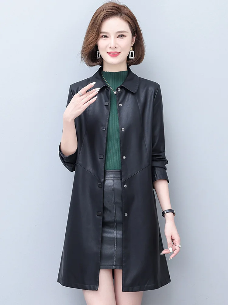 Neu Frauen Frühling Herbst Ledermantel Lässig Mode Plus Baumwoll-Futter Mittellang Lose Schafsfell Trenchcoat Mutter Oberbekleidung