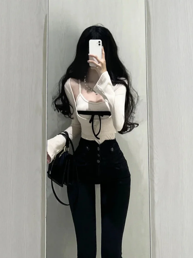 Casual Y2k Crop Tops Women 2 Piece Sets Outwear Korean Fashion Clothing Bodycon Slim Tshirts Sexy Blouse Female 2024 Spring