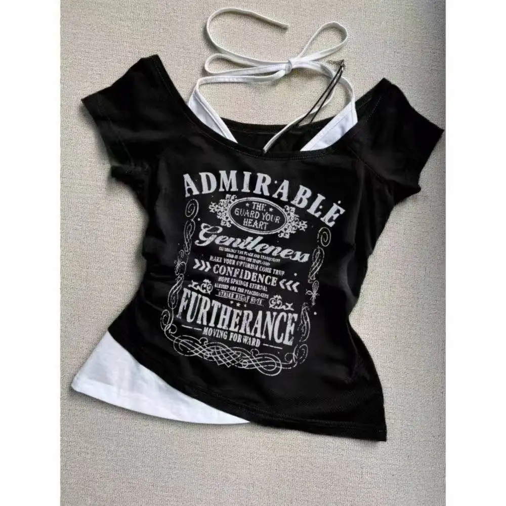 夏偽二枚ホルター包帯ヴィンテージ Tシャツ Y2k 美的スリムクロップトップス女性グランジプリント原宿カジュアルセクシーな Tシャツ