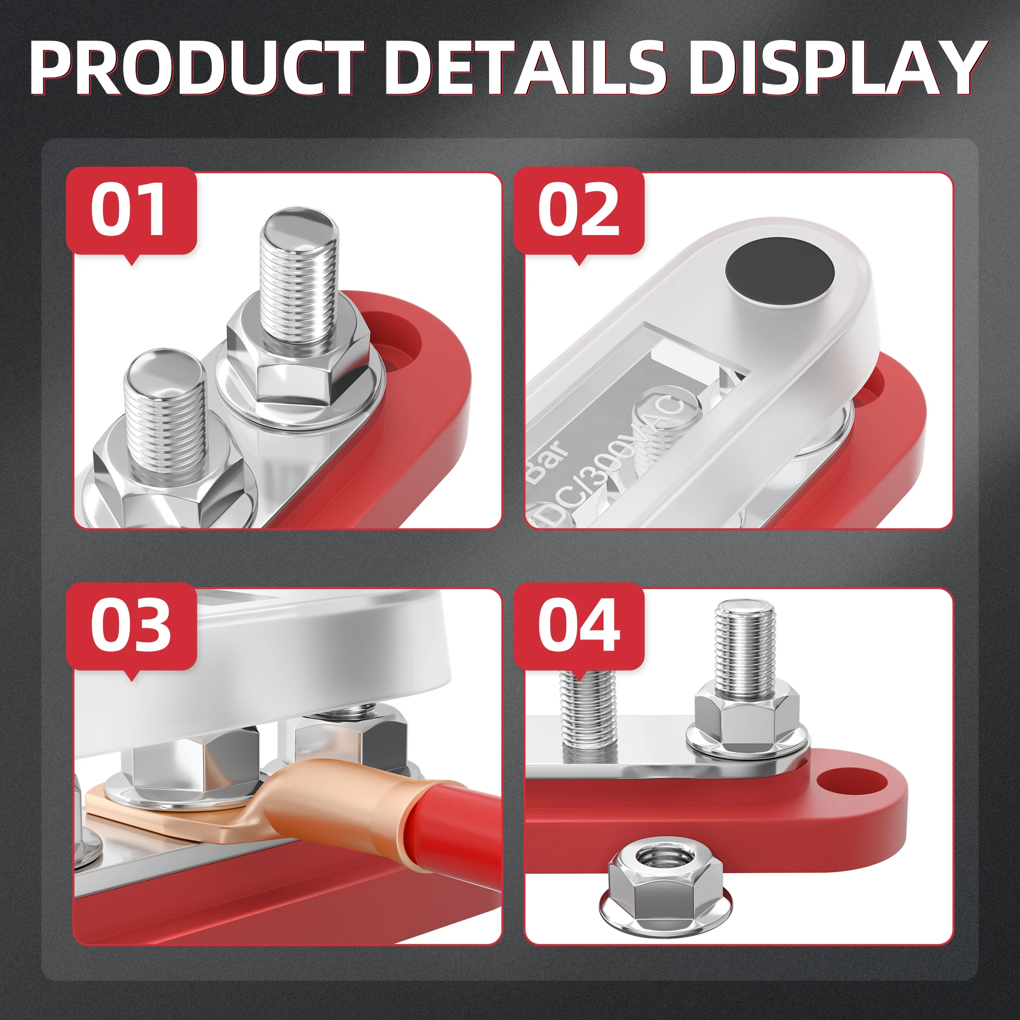 DaierTek Bus Bar 12V stroomverdeelblok met deksel 5 x 1/4" noppen Klemmenblok Max. 150A 48VDC Positief Negatief voor Auto