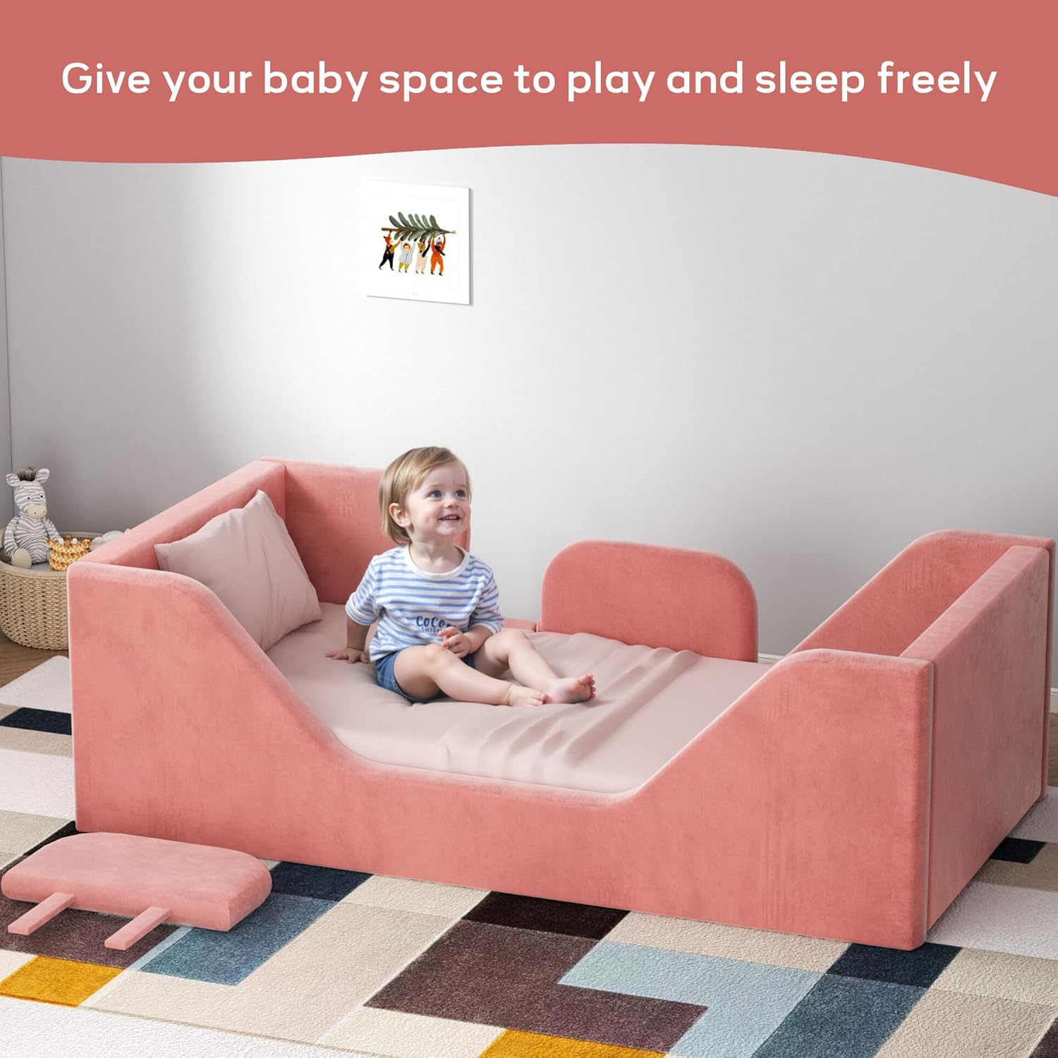 Toddler Floor Bed Frame with Guard Rails, Small Bed for Kids Boys and Girls Aged 2-6 Years, Certified Fabric Toddler Beds,Pink