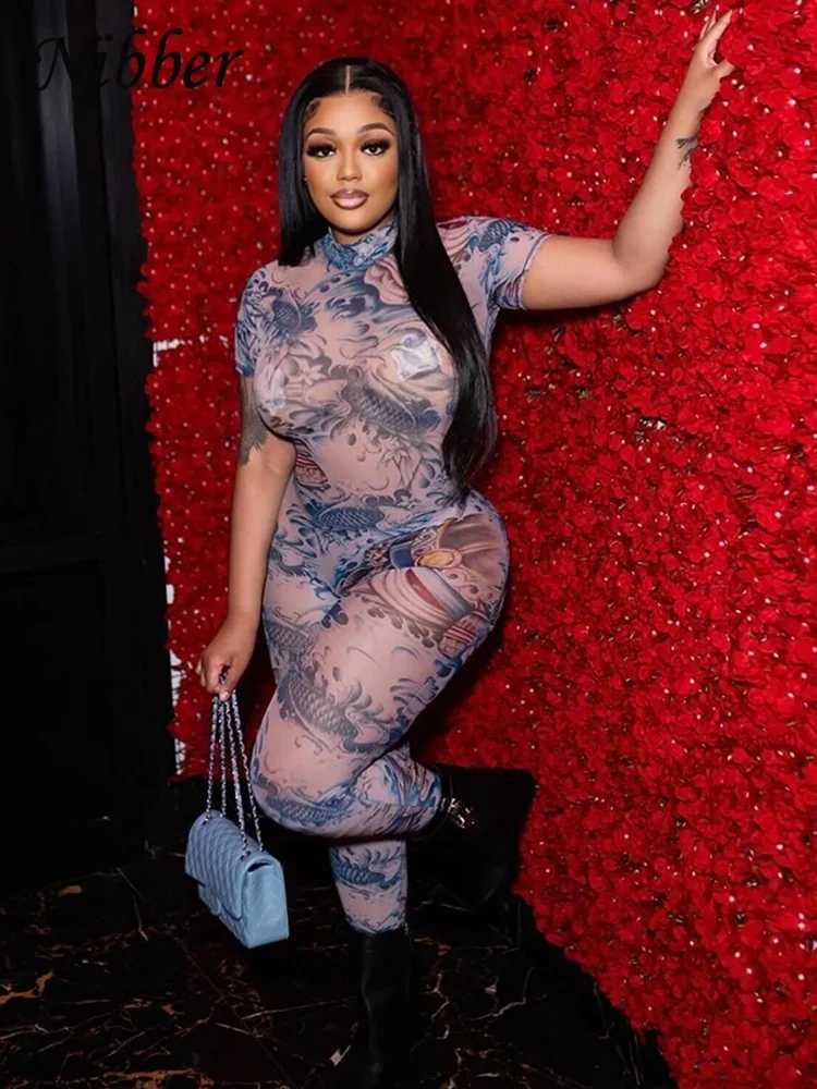 Bwq-女性用の透明なバックレスジャンプスーツ、ドラゴンプリント、半袖、フィットネスアクティビティ、ワークアウトオーバーオール、スリムなストレッチクラブウェア