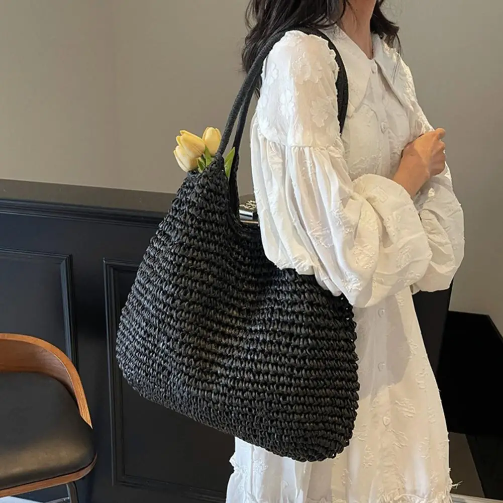 Bolso de ganchillo de paja para mujer con cuentas de colores, bolso de paja estético, bolso de mano tejido de gran capacidad, bolso diario para mujer